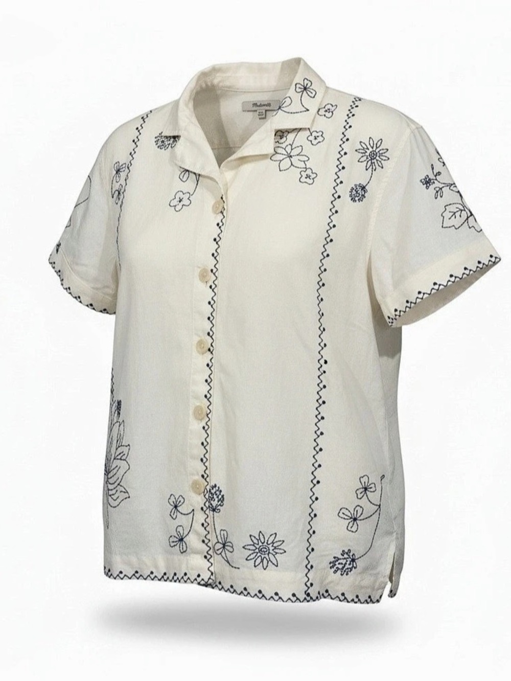 Madewell Linen Blend Camp-Collar Short-Sleeve Shirt Embroidered XXS Hearts Arrow